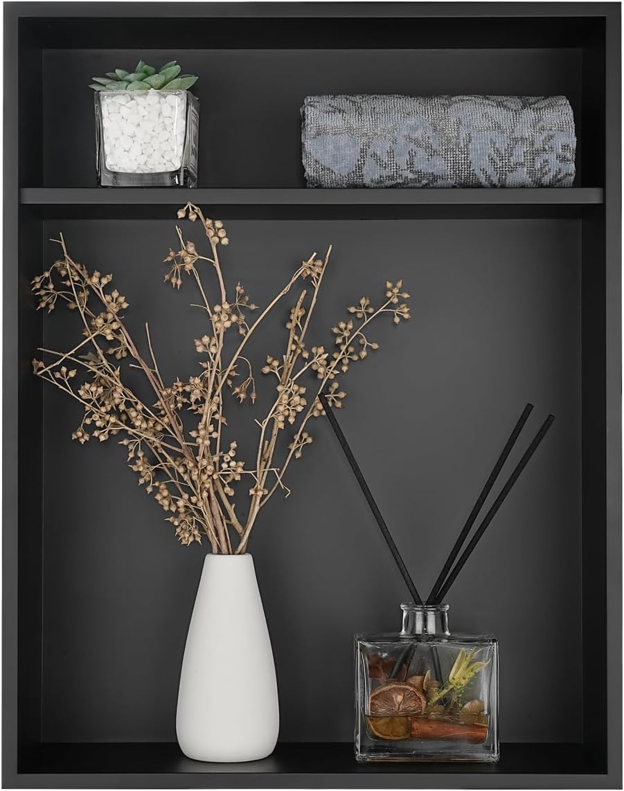 JQK Shower Niche No Tile Need, 18"×14" Matte Black Bathroom Insert Shelf 2 Layer, 304 Stainless Steel Recessed Shower Caddy Organizer Storage, SNL1814D-PB
