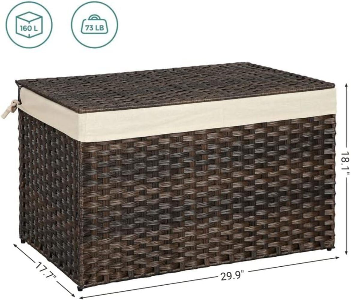 SONGMICS Storage Basket with Lid, Woven Blanket Storage Bin with Handles, Foldable, Removable Liner, Metal Frame, for Bedroom, Laundry Room, 42.3 Gallons (160 L), Brown URST76BR