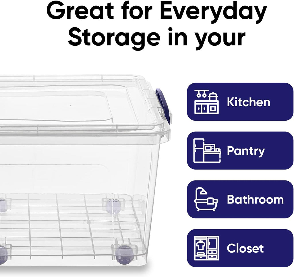 Superio Storage Bins with Lids- Clear Boxes for Organizing, Stackable Plastic Containers- BPA Free, Non-Toxic, Odor Free, Organizer for Home, Office, Dorm (8 Pack, 32 Qt (Wheeled))