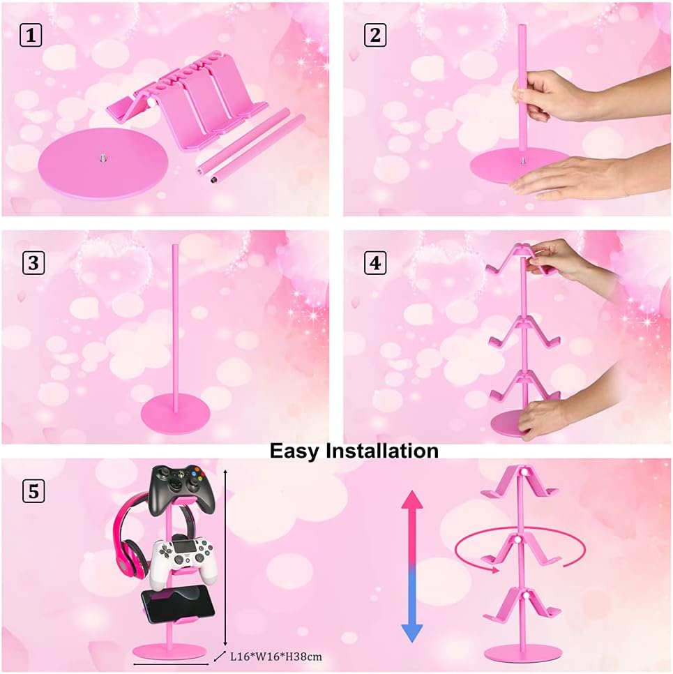 Controller Holder Pink,Headphone Stand,3 Tier Multi Adjustable Game Controller Headset Hanger for All Universal Gaming PC Accessories, Xbox PS4 PS5 Nintendo Switch(Cute Pink)