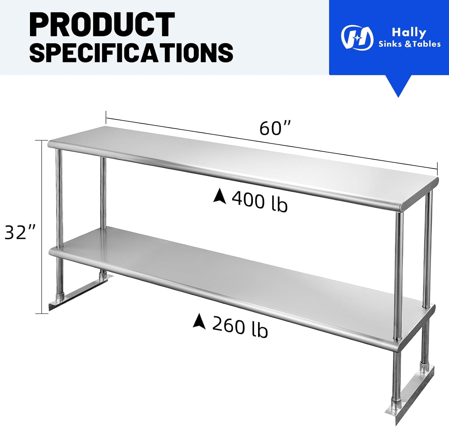 Hally Double Overshelf of Stainless Steel 12'' x 60'' Weight Capacity 400lb, Commercial 2 Tier Shelf for Prep & Work Table in Restaurant, Home and Kitchen