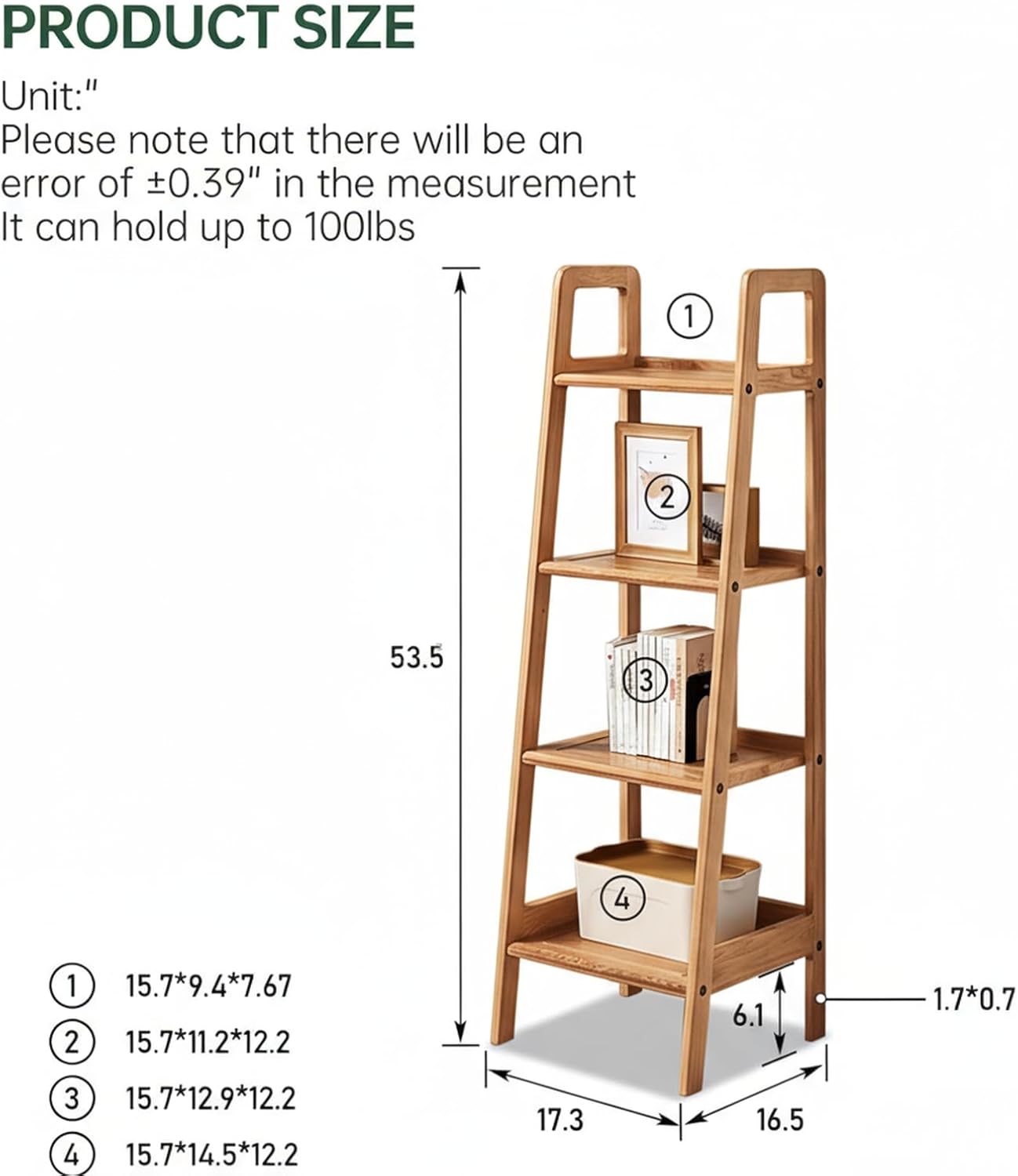 100% Solid Oak 4 Tier Ladder Shelf, Small Bookshelf, Ladder Bookshelf, Bookcase with Stable Frame, Small Table for Living Room Bedroom (Natural,17.32" D x 16.53" W x 53.54" H)