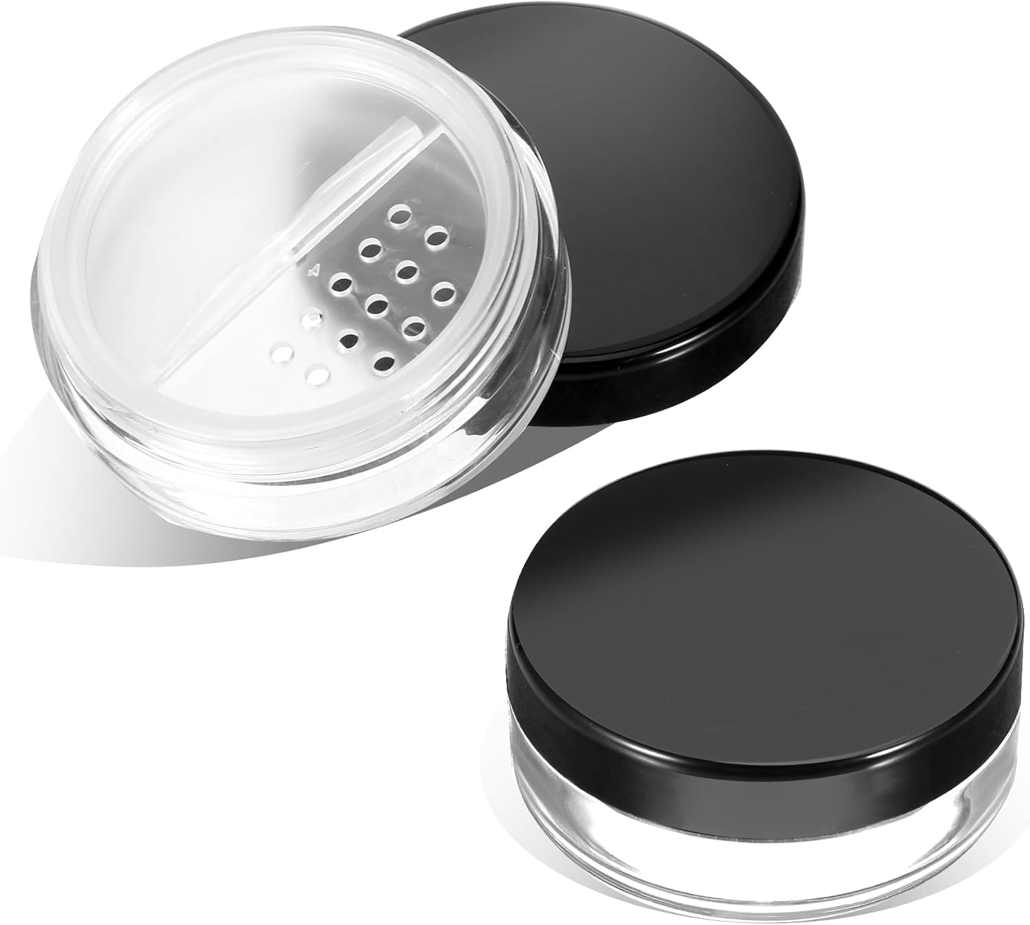 2pcs 10ml/0.34oz Plastic Empty Travel Small Loose Powder Compact Refillable Loose Powder Containers Reusable No Leak Compact with Rotatable Sifter and Black Screw Lid