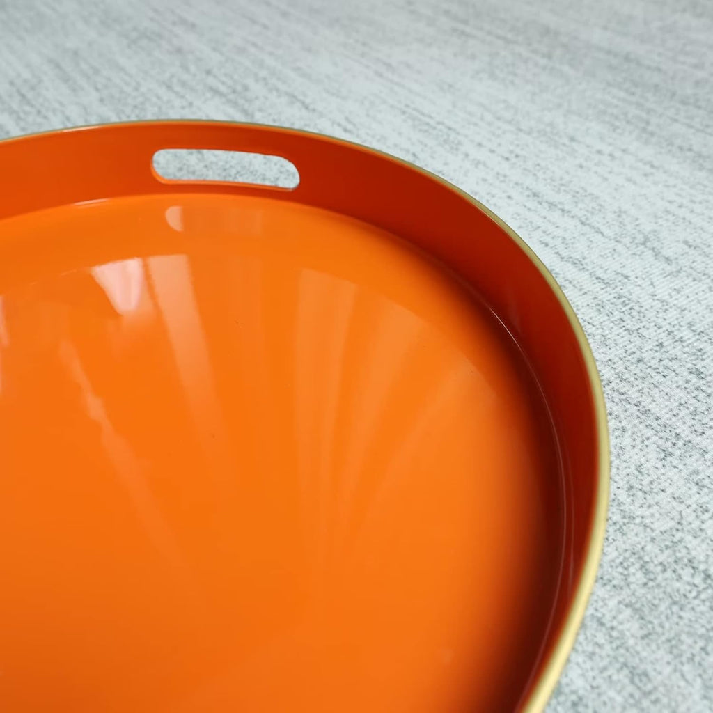 Spsyrine Round Orange Decorative Tray, 13" Plastic Serving Table Tray with Handles for Breakfast, Coffee Table, Bathroom, Kitchen, Living Room