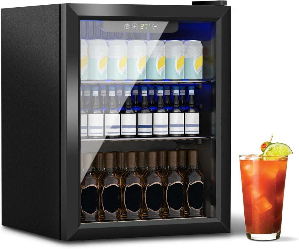 1.6 Cu.Ft Mini Fridge for 70 Cans, Small Beverage Refrigerator with Glass Door, Adjustable Shelves & Digital Display, Compact Drink Fridge for Bedroom, Office, Dorm, Bar, Under Counter Use