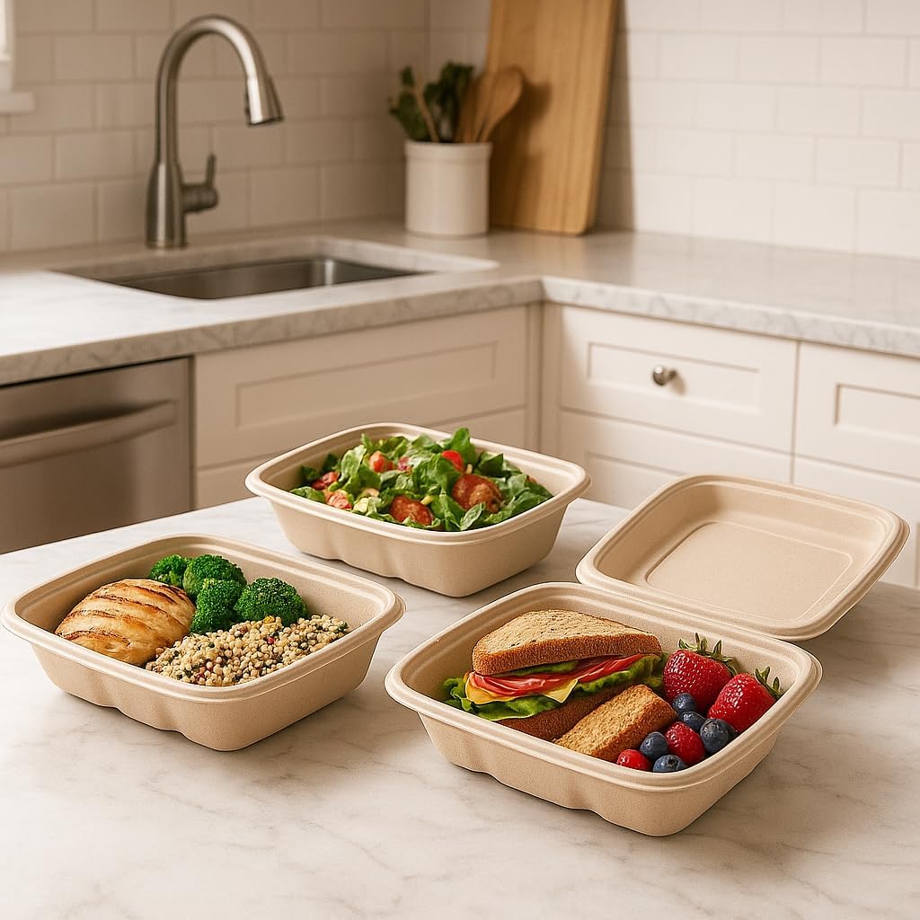 100 Pack 750ml Compostable Food Containers with Lids | Leak-Proof | Microwave & Freezer Safe | Eco-Friendly Meal Prep & Takeout Boxes