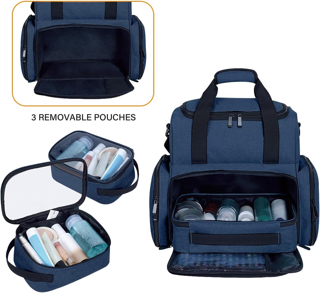 Large Makeup Cosmetic Bag with 3 Removable Case and 2 Removable Dividers Double Layer Travel Storage Organizer, Makeup Brushes Storage Section Blue