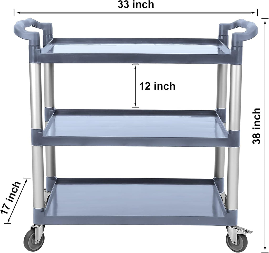 3-Tier Service Cart，3-Shelf Rolling Push Cart with Wheels，360 LBS Heavy Duty Utility Cart for Restaurant, Office, Kitchen & Hotel ，Grey