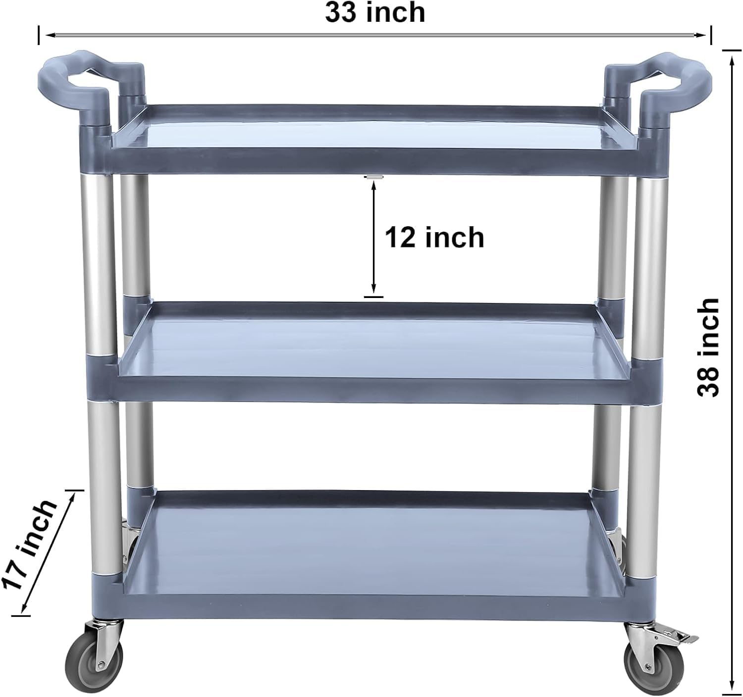 3-Tier Service Cart，3-Shelf Rolling Push Cart with Wheels，360 LBS Heavy Duty Utility Cart for Restaurant, Office, Kitchen & Hotel ，Grey