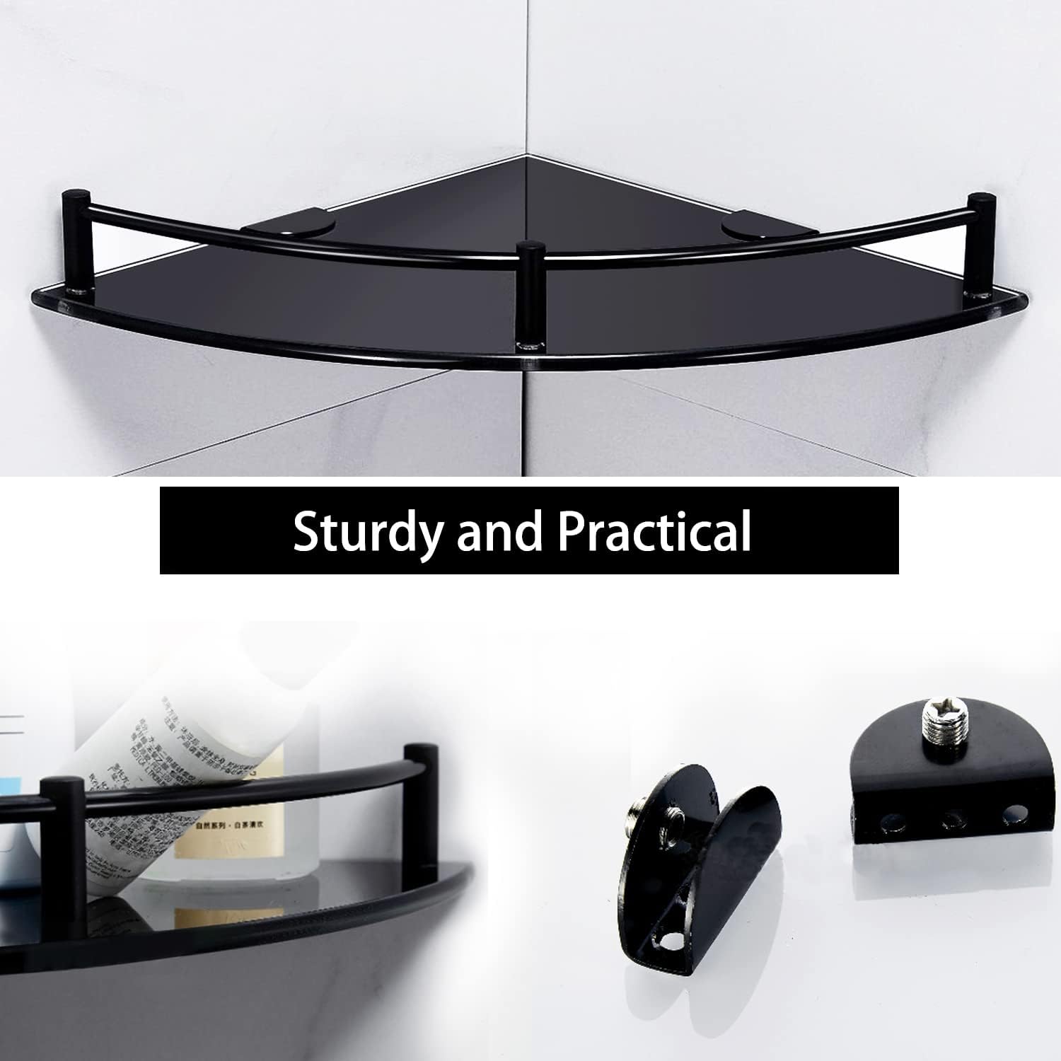 Glass Bathroom Shelf with Rustproof Rail, Black Glass Corner Shower Shelf, Wall Mount Drill Hole Shower Caddy Organizer, Bathroom Shower Organizer for Living Room and Toilet (1 Tier)