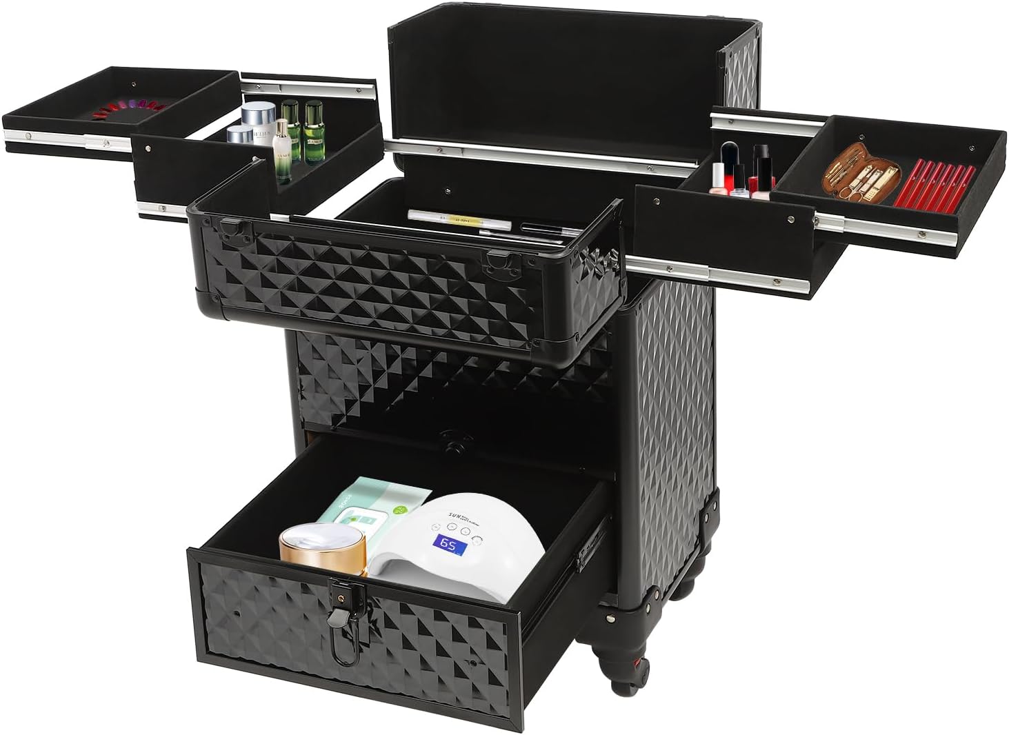 Professional Rolling Makeup Train Case with Lock, 7 Compartments 44lbs Capacity Rolling Nail Case Adjustable Organizer for Makeup Artists, Hairstylists, Pet Groomers (Black)