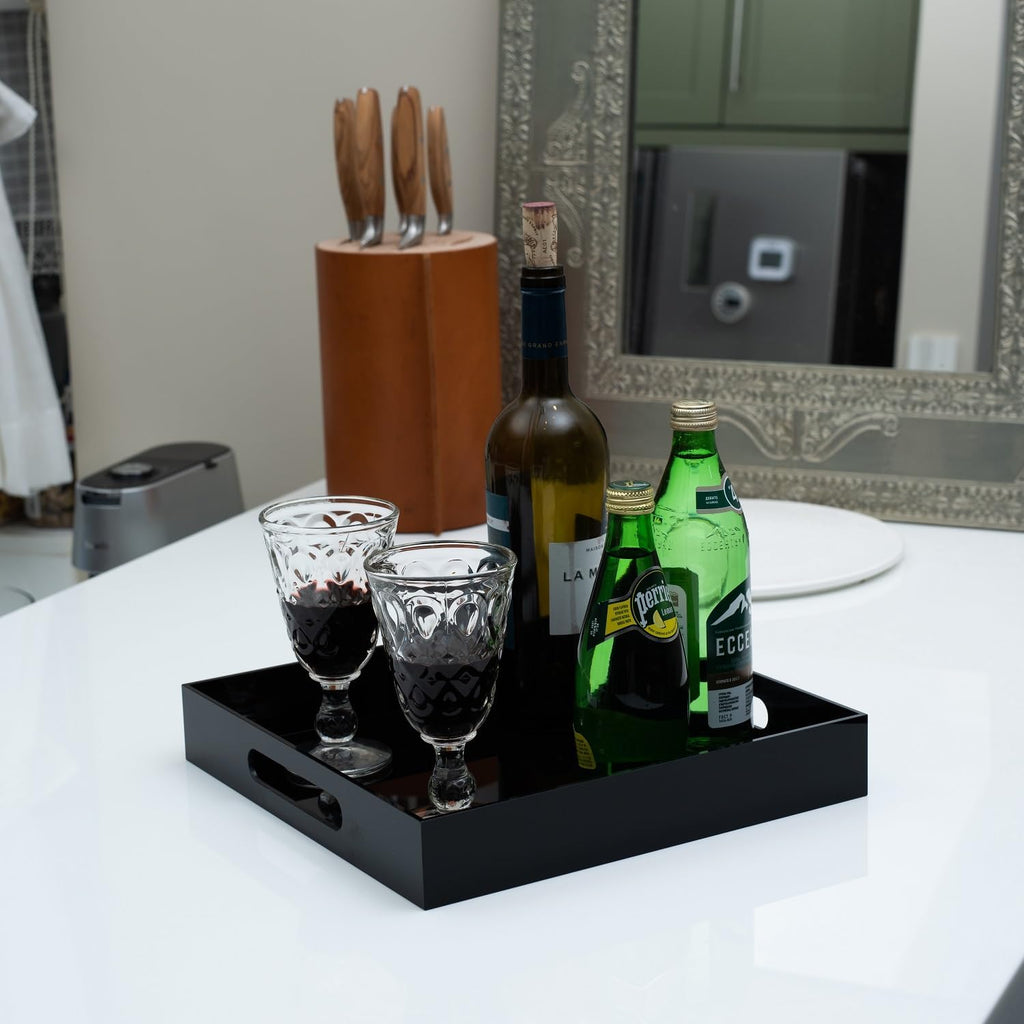Glossy Black Acrylic Serving Tray with Handles 12x12 Inch -Spill Proof- Decorative Trays Countertop Organizer for Ottoman,Nightstand, Sidetable, Butler (12X12 Inch, Black)