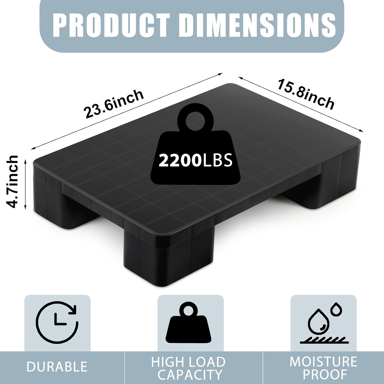 1 Pcs Plastic Pallet for Basement Storage Easy Stack Lightweight Floor Pallet Display Flooring Room Supermarket Christmas, Support up to 2000 Lbs (23'' L X 16'' W X 4.7'' H,Black)