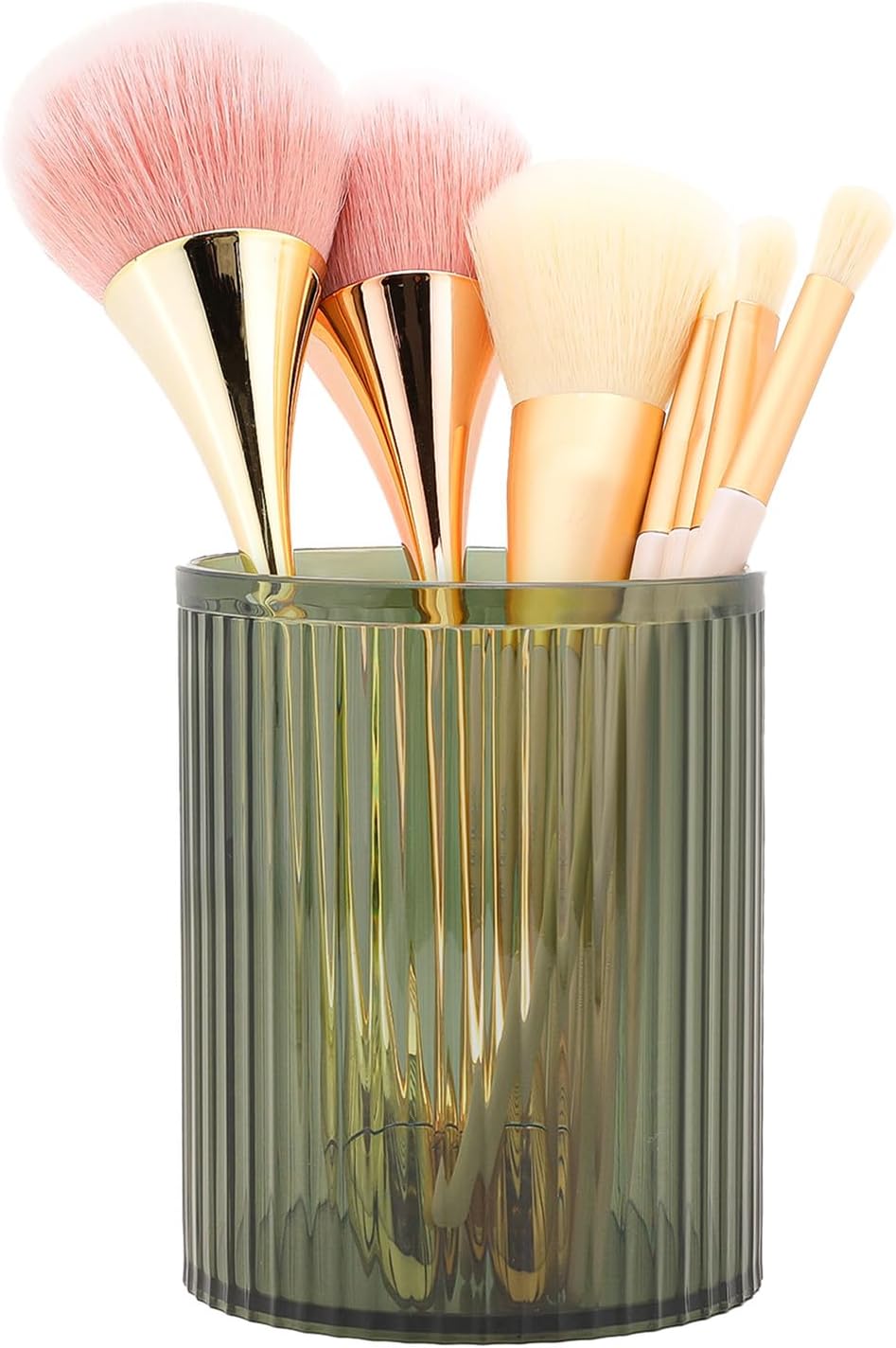 DASITON Makeup Brush Holder Organizer, Acrylic Makeup Brush Cup, Vintage Striped Make Up Brush Holder for Vanity, Bathroom Countertop, Toothbrush Holders, Pen Holder for Desk Storage (Green)