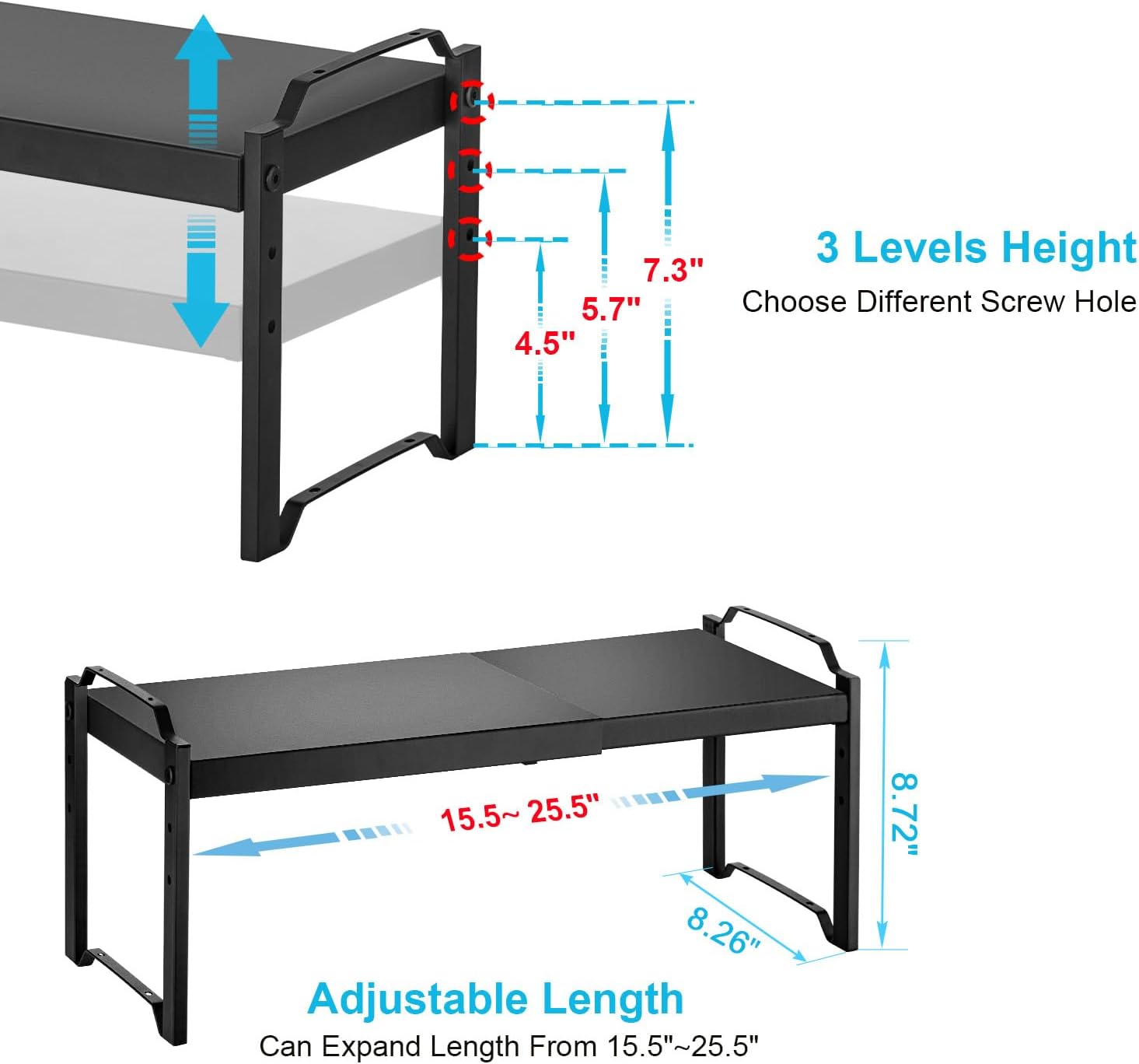 1 Pack Expandable Cabinet Countertop Shelves, Stackable Shelves Organizers for Kitchen Cabinet Countertop Storage, Adjustable Counter Cupboard Pantry Organizer Shelf Rack Stand, Length:25.5"