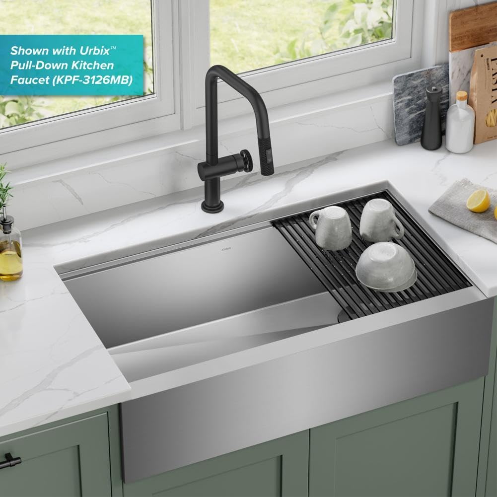 KRAUS Kore 36-Inch Modern Farmhouse Workstation 16 Gauge Single Bowl Stainless Steel Kitchen Sink with Accessories, KWF410-36