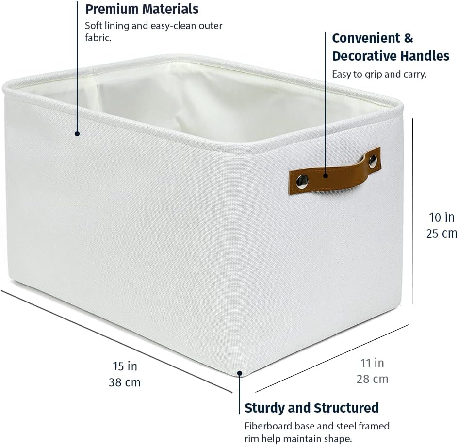OrganiHaus Large Fabric Storage Baskets for Shelves 3 Pack, 15x11in Closet Storage Bins for Shelves, Canvas Baskets for Organizing, Linen Closet Organizers, Cloth Basket, Off-White