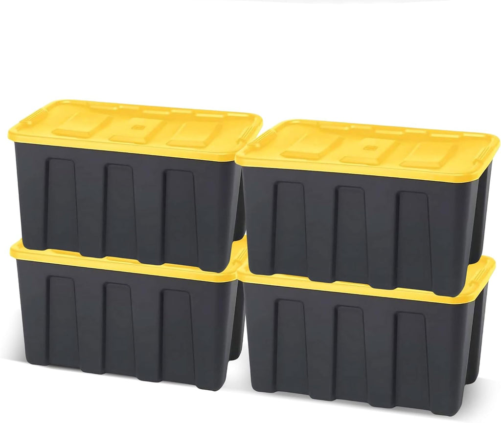 HOMZ 4-Pack Durabilt Tote, Heavy Duty Plastic Storage Bins with Lids, 34 Gallon, Black/Yellow - Stackable Organizing Containers for Home, Garage, and Office