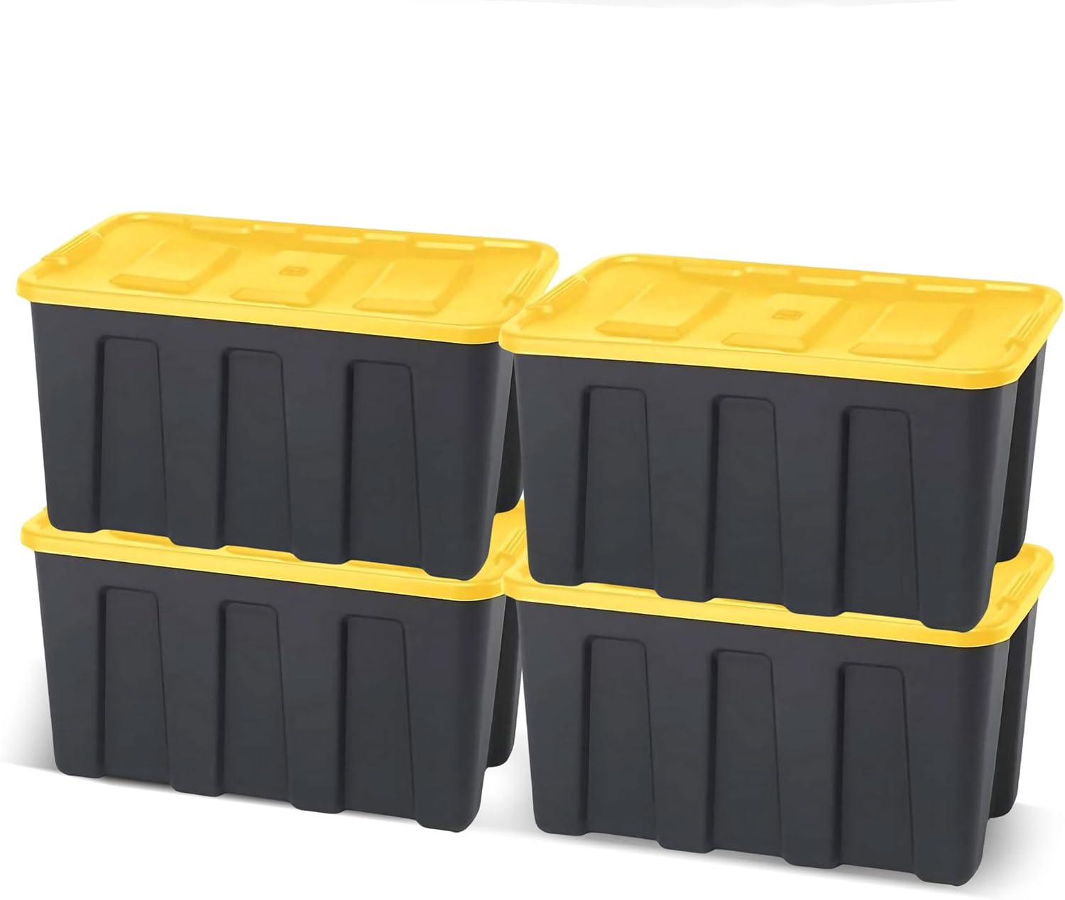 HOMZ 4-Pack Durabilt Tote, Heavy Duty Plastic Storage Bins with Lids, 34 Gallon, Black/Yellow - Stackable Organizing Containers for Home, Garage, and Office