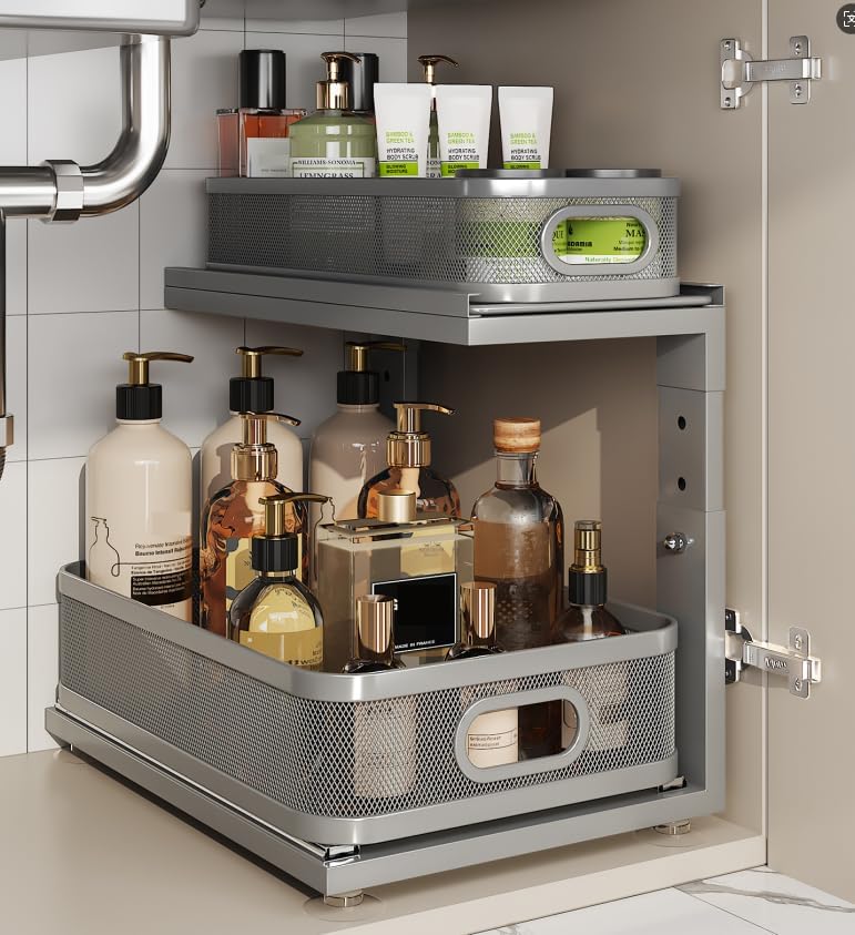 1 Pack 15.5IN-Depth Under Sink Organizer With Next-Gen Ball-Bearing Slides,2-Tier Precision Mesh Pull Out Cabinet Storage for Bathroom&Kitchen,Height Adjustable Drawers Shelf,Anti-rust-Grey