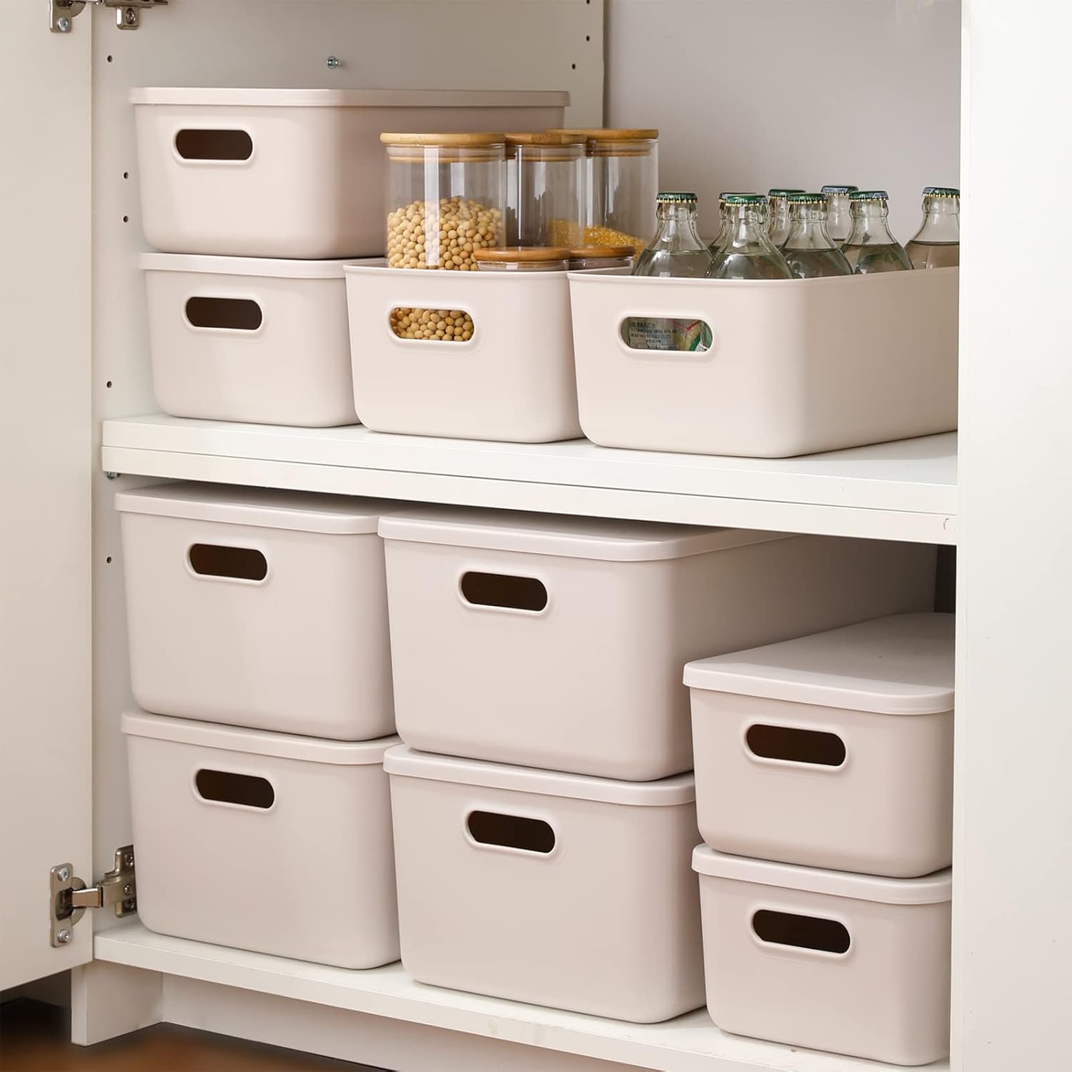 Plastic Storage Baskets With Lid Organizing Container Lidded Knit Storage Organizer Bins for Shelves Drawers Desktop Closet Playroom Classroom Office (M+2S, Light grey)