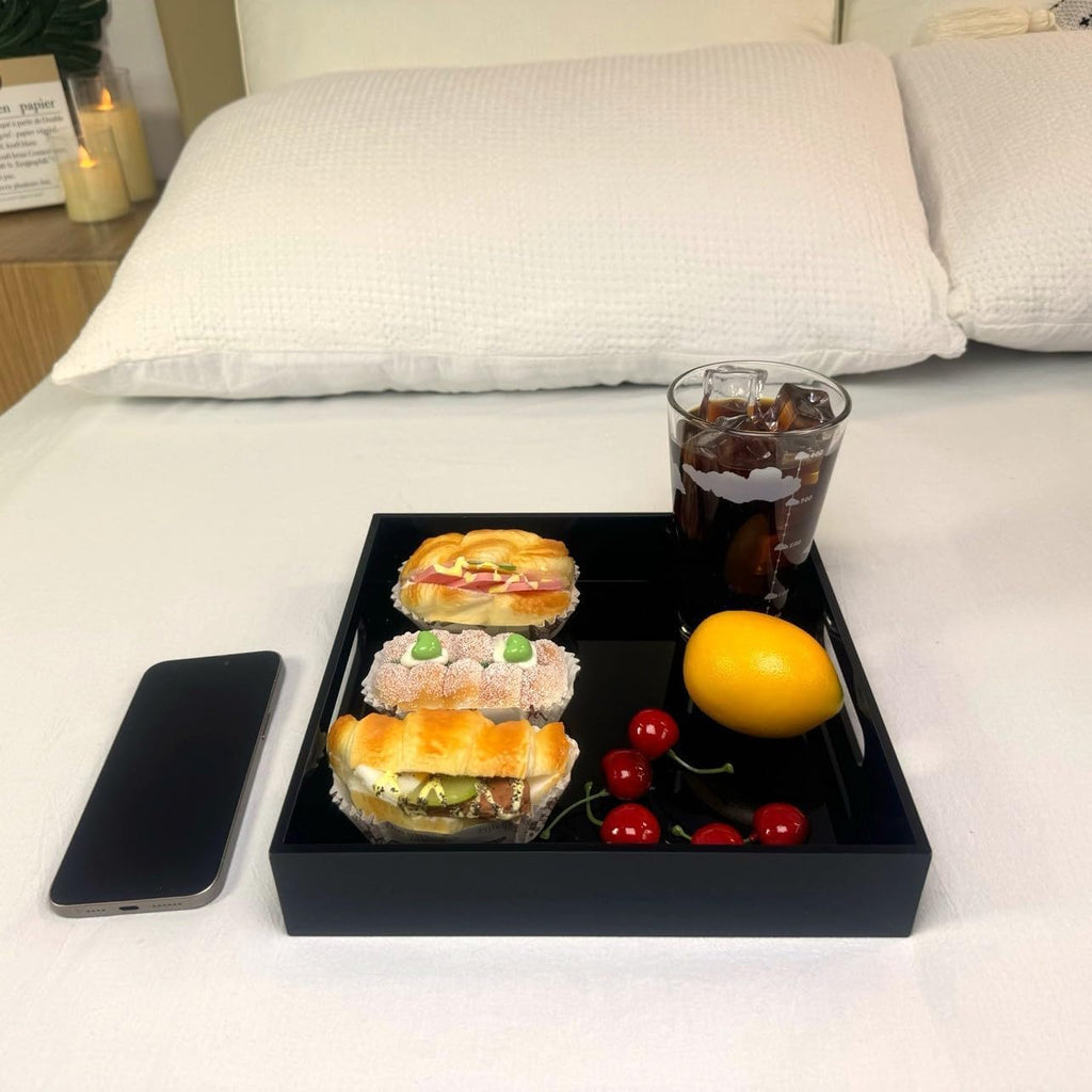 Glossy Black Sturdy Acrylic Serving Tray with Handles-10x10Inch-Serving Coffee,Food,Breakfast,Butler-Kitchen Countertop Tray-Makeup Drawer Organizer-Vanity Table,Ottoman Tray-Decorative Tray