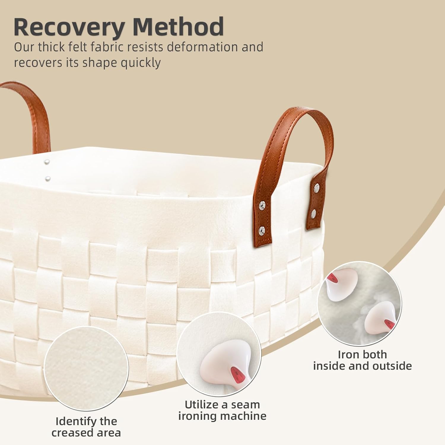 BOLDMONEKY Blankets Basket 16.5 " x13 " x13 " , Large Rectangular Laundry Hamper with Leather Handle, Soft Dog Toy Basket for Storage-Beige