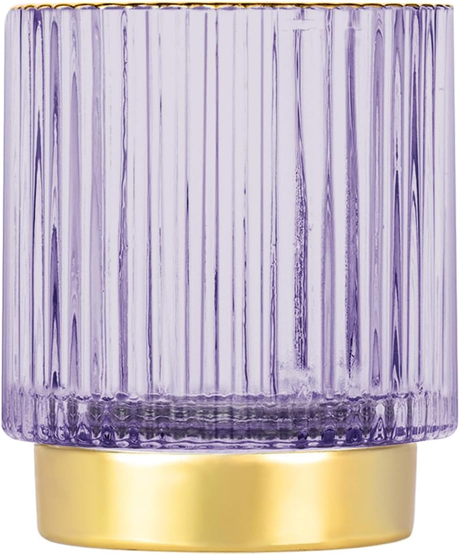 DASITON Makeup Brush holder Organizer,Crystal Cosmetic Makeup Brush Glass Brushes Storage Holder, Vintage Make Up Brush Cup Pen Pencil Holder striped vase(Purple S)