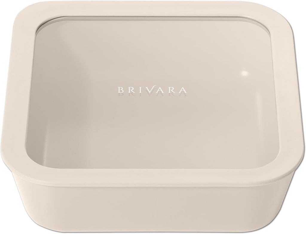 Ceramic Coated Glass Food Storage Container | No PTFE, PFOA, PFAS, and BPA | Reusable Non Toxic Meal Prep Container with Glass Lid | Easy To Store | 8 Cup Square [Crema]