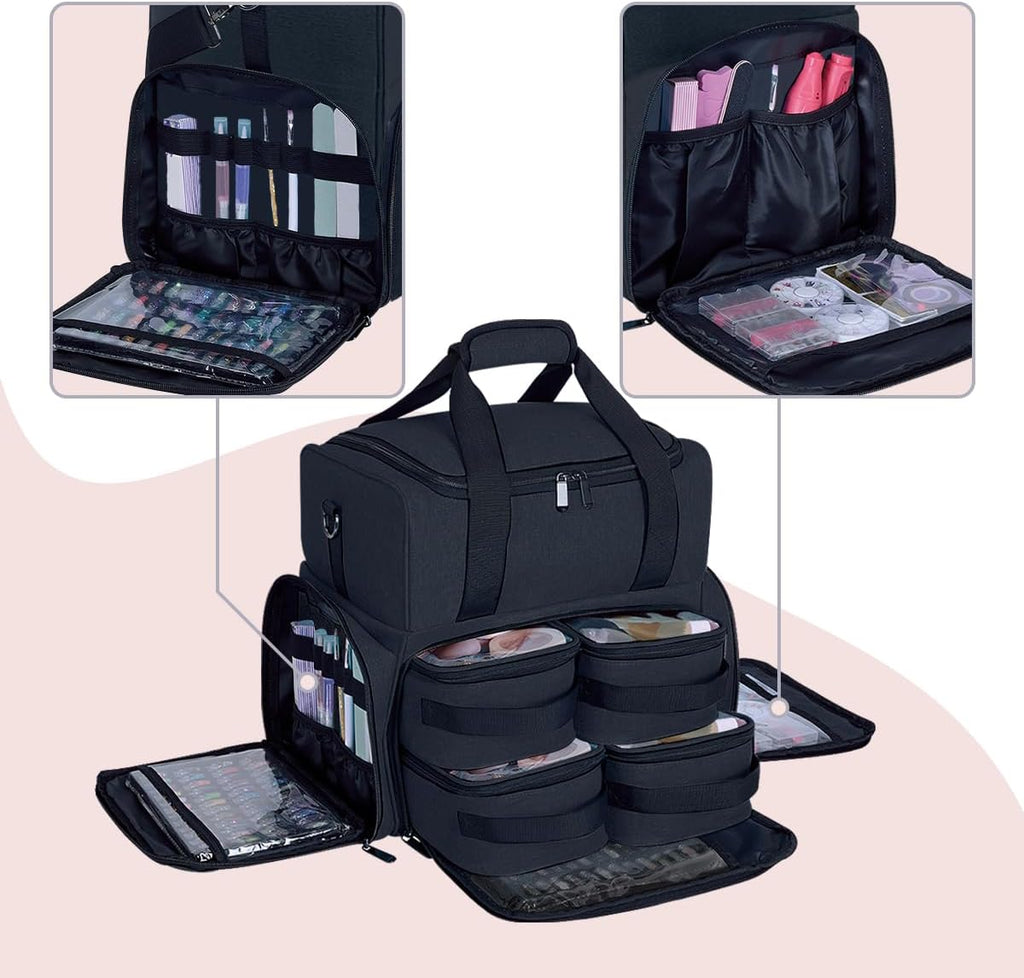 Large Cosmetic Bag with 4 Removable Case and 2 Removable Dividers Double Layer Travel Storage Organizer, Makeup Brushes Storage Section Black