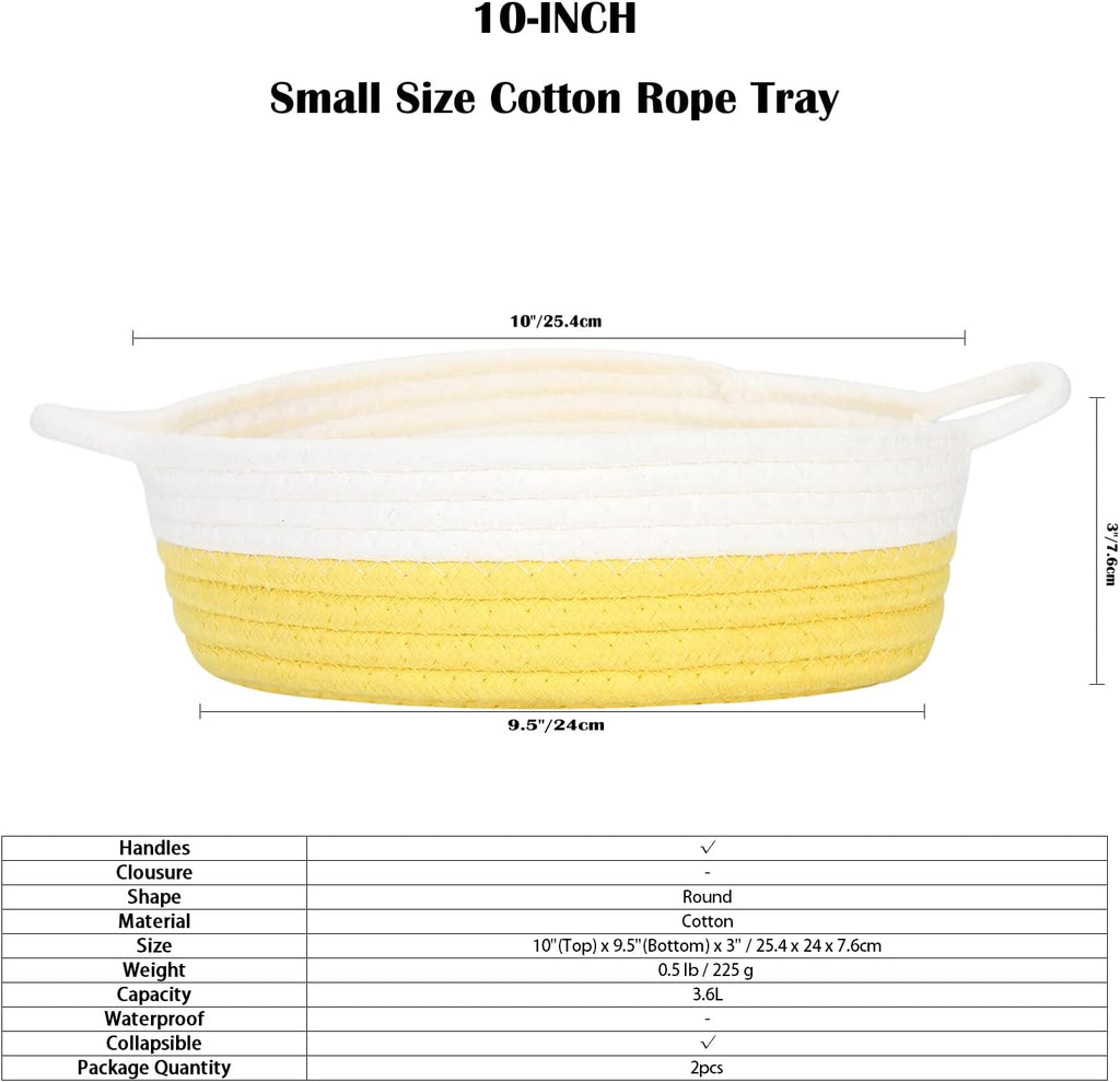 Sea Team 2-Pack Cotton Rope Baskets, 10 x 3 Inches Small Woven Storage Basket, Fabric Tray, Bowl, Round Open Dish for Fruits, Jewelry, Keys, Sewing Kits (Yellow & White)