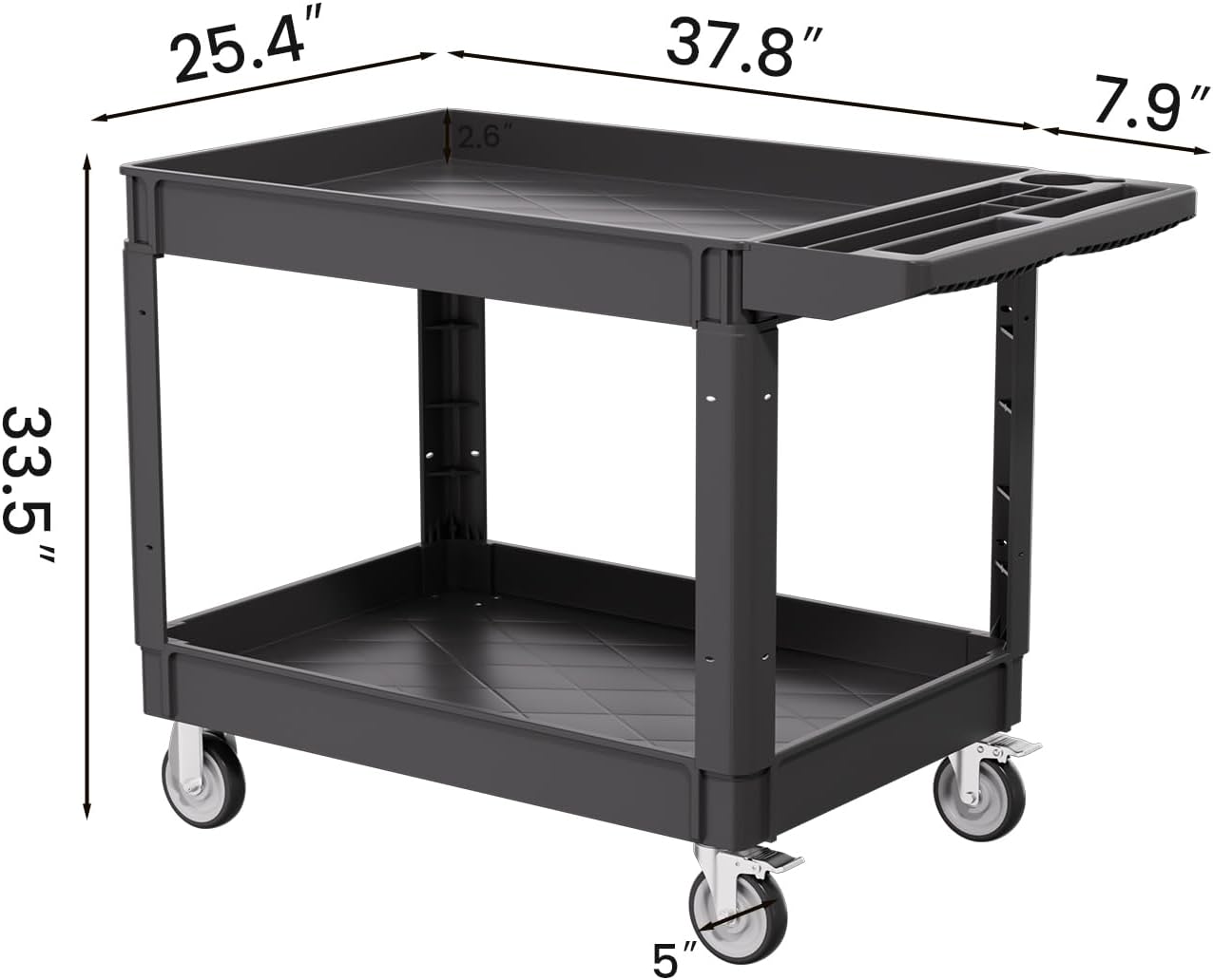 2 Tier Plastic Rolling Utility Cart on Wheels, Heavy Duty Tool Cart with Deep Shelves and 360° Swivel Wheels Holds up to 550 lbs, Service Cart for Warehouse,Garage, Cleaning (Black-L)