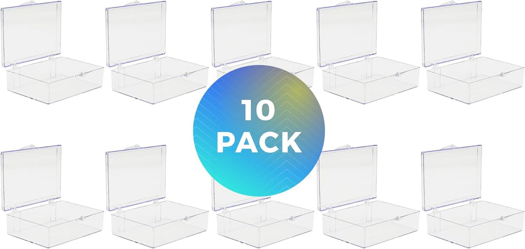 10-Pack Clear Hinged Plastic Containers, Keepsake Storage Boxes, 3 1/2" L x 2 9/16" W x 1" H, Made in USA, Plastic Display Case or Small Box for Storage and Organization