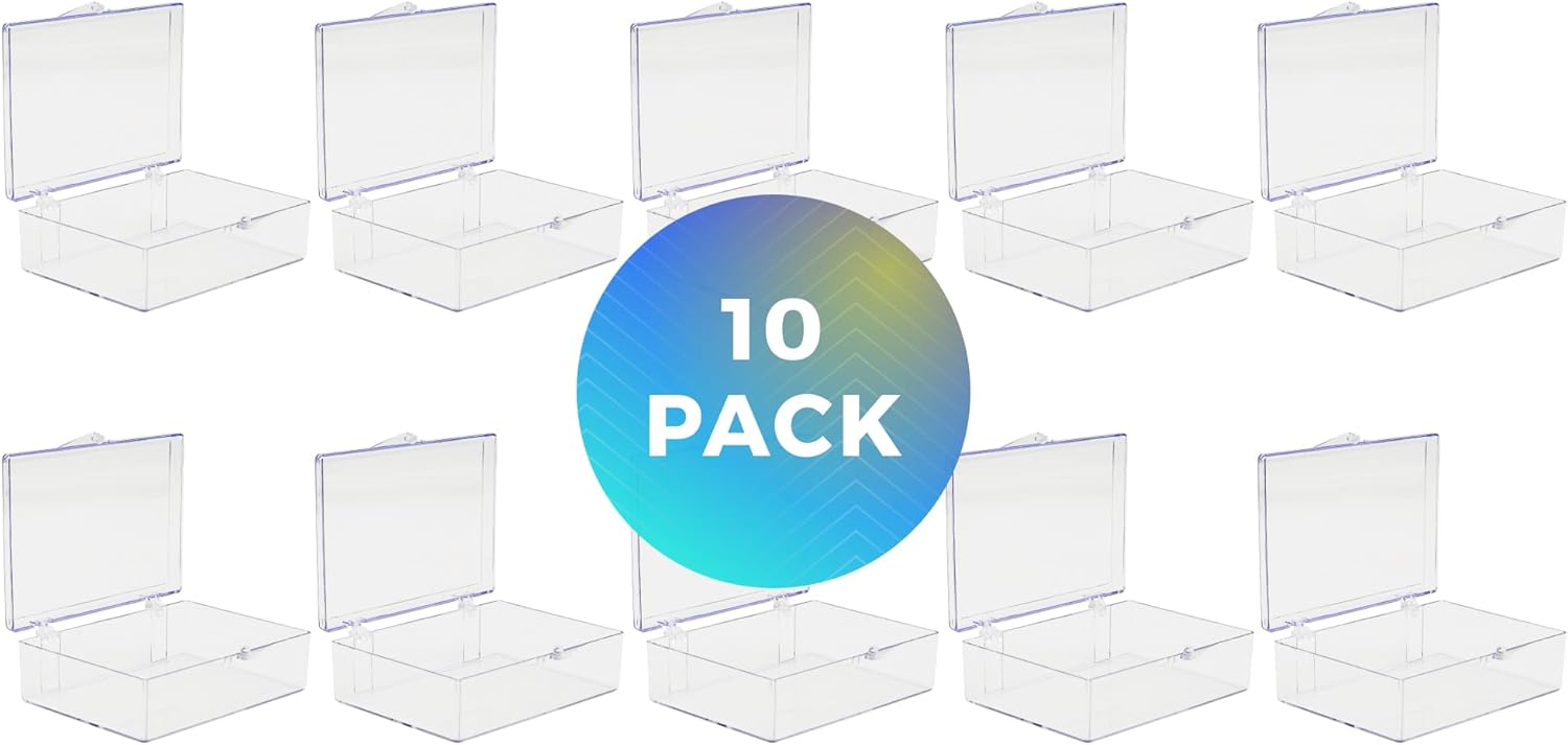 10-Pack Clear Hinged Plastic Containers, Keepsake Storage Boxes, 3 1/2" L x 2 9/16" W x 1" H, Made in USA, Plastic Display Case or Small Box for Storage and Organization