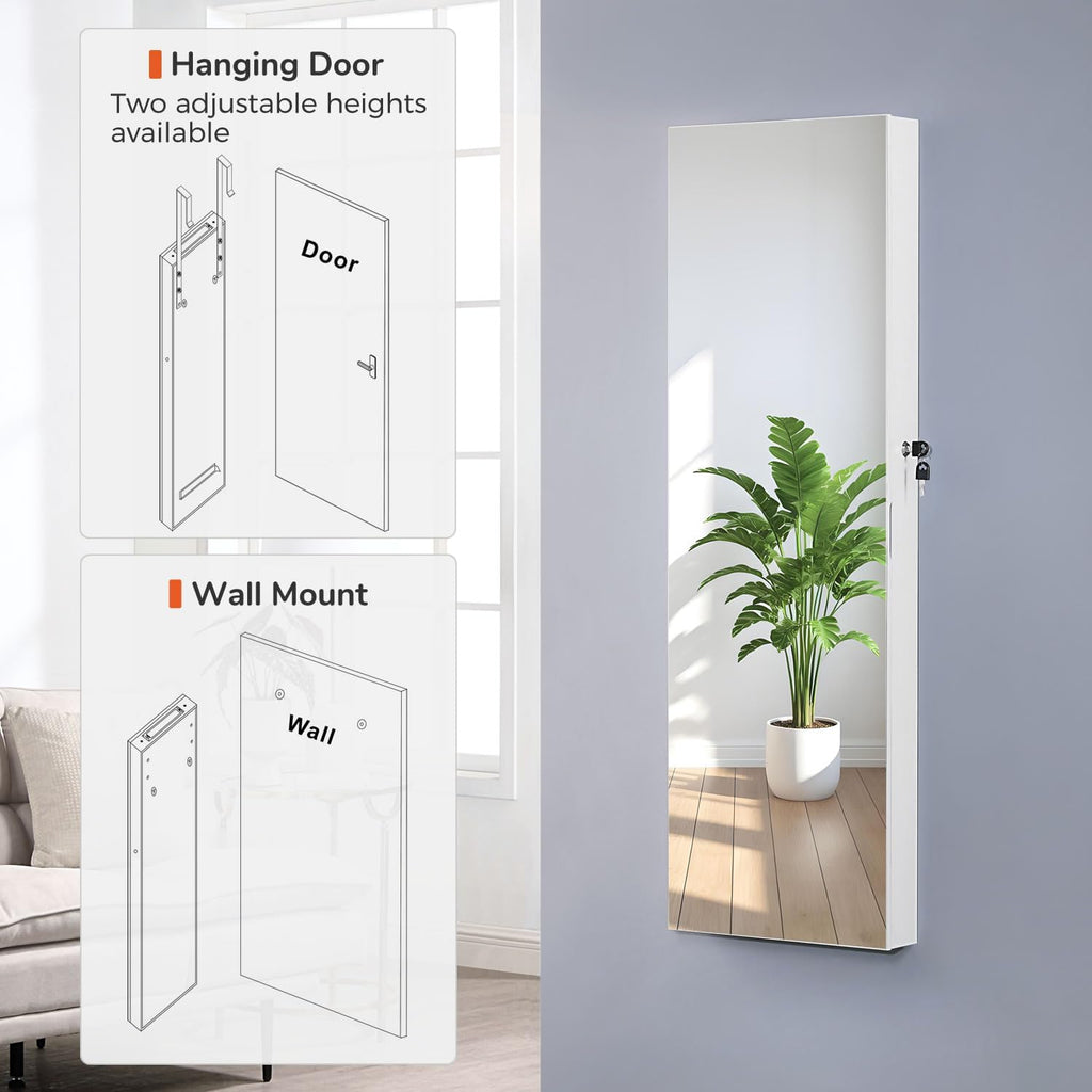 GISSAR Mirror Jewelry Cabinet, LED Wall Door Mount Full Length Jewelry Armoire with Makeup Mirror and Jewelry Storage, Large Capacity Lockable Jewelry Organizer, Vanity Mirror with Lights, White