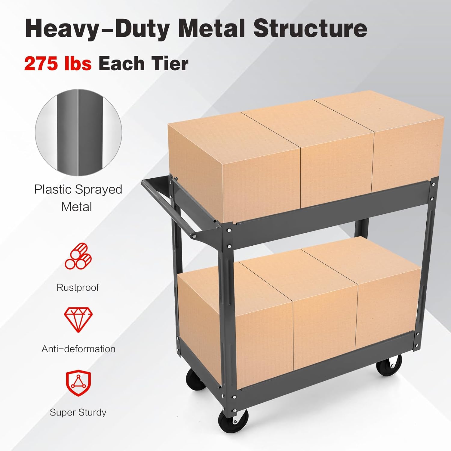 Goplus 2-Tier Utility Cart, Heavy Duty Commercial Service Tool Cart w/Handle, 550 lbs Max Support, Rolling Mechanic Metal Tool Cart Storage Organizer for Home, Garage, Warehouse