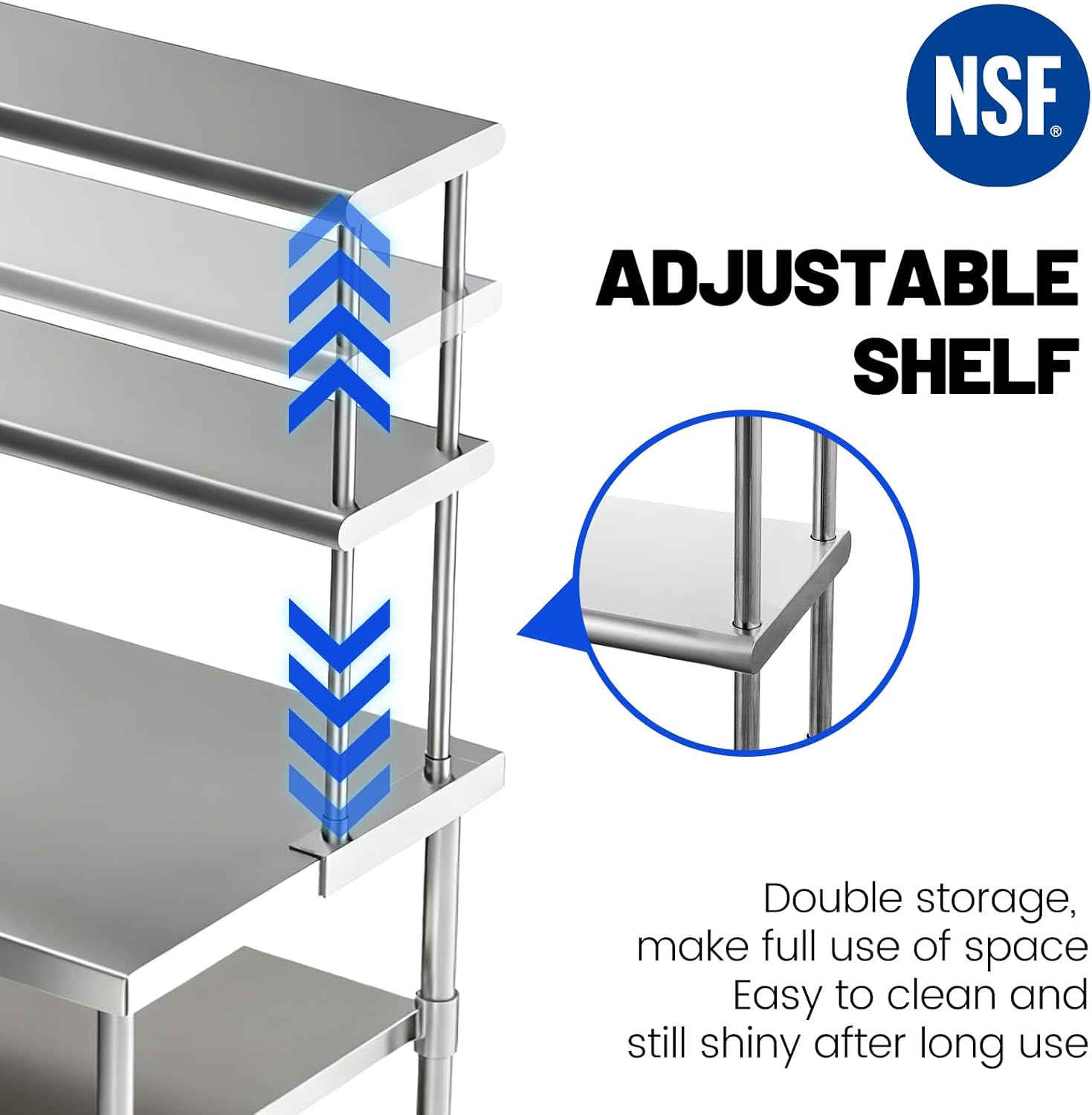 Hally Double Overshelf of Stainless Steel 12'' x 60'' Weight Capacity 400lb, Commercial 2 Tier Shelf for Prep & Work Table in Restaurant, Home and Kitchen