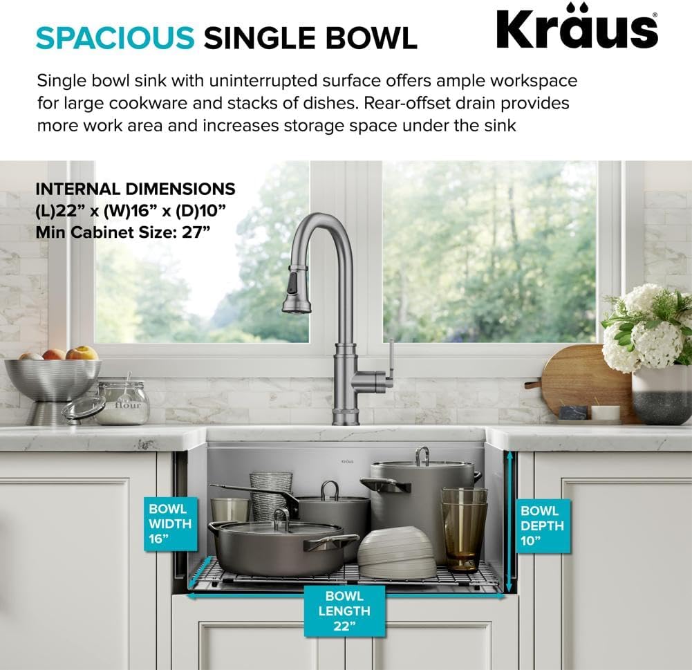 KRAUS Kore 24-Inch Farmhouse Workstation 16 Gauge Single Bowl Stainless Steel Kitchen Sink with Accessories, KWF210-24