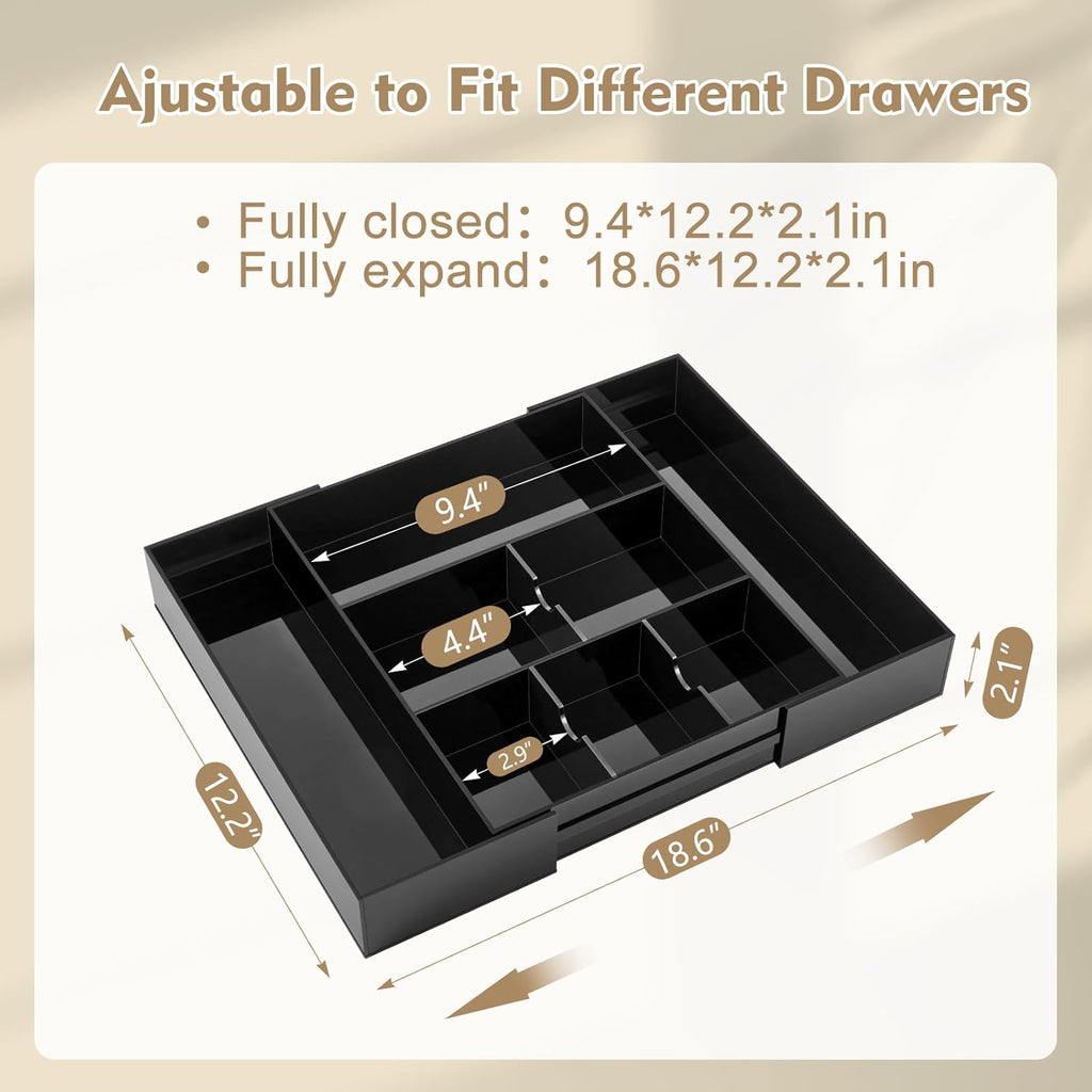 1 PC Acrylic Desk Drawer Organizer 2 Inch Height Expandable Drawer Organizer Trays with 8 Adjustable Compartments Desk Accessories for Makeup Silverware Office Bathroom(Black,Classic)