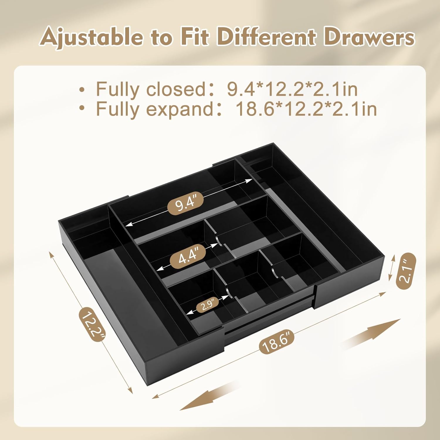 1 PC Acrylic Desk Drawer Organizer 2 Inch Height Expandable Drawer Organizer Trays with 8 Adjustable Compartments Desk Accessories for Makeup Silverware Office Bathroom(Black,Classic)