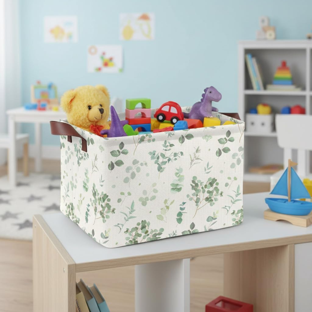 Sage Green Storage Basket Waterproof Canvas Toy Storage Bin Home Decor Collapsible Outdoor Basket with Leather Handles Sage Green Blanket Baskets For Closets,Bedrooms,Gifts Baskets