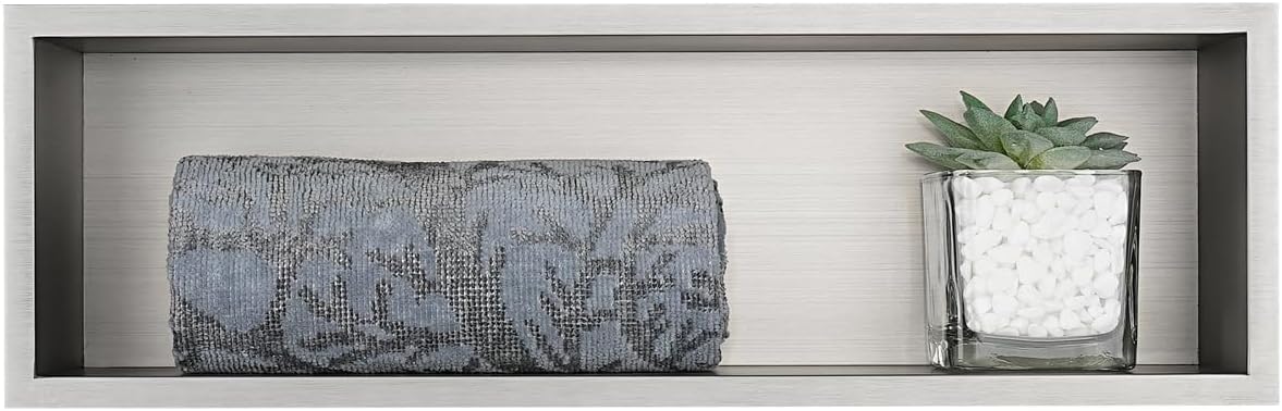 JQK Shower Niche No Tile Need, 4"×14" Brushed Nickel Bathroom Insert Shelf, 304 Stainless Steel Recessed Shower Caddy Organizer Storage, SNL414-BN