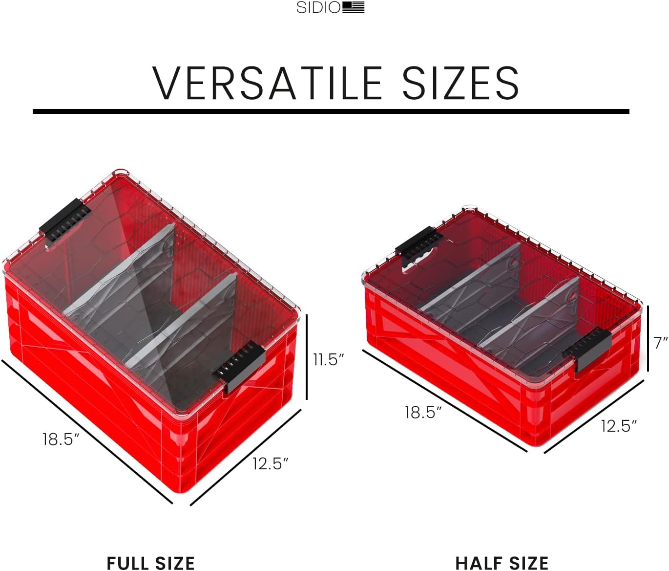 SIDIO CRATE Pro Pack - Two Full Size and One Half Size SidioCrate, Stackable Outdoor Organizer Storage Bins with Clear Lid and Dividers