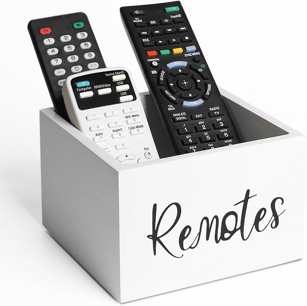 Wood Remote Control Holder, TV Remote Control Organizer for Home Bedroom Table, Multi-Purpose Desktop Storage (White, M,for 3+ Remote Controls)