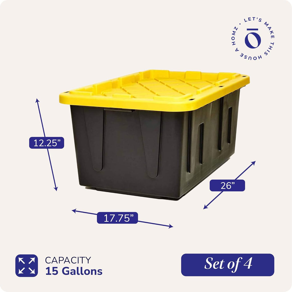 HOMZ 4-Pack Durabilt Tote, Heavy Duty Plastic Storage Bins with Lids, 15 Gallon, Black/Yellow - Stackable Organizing Containers for Home, Garage, and Office