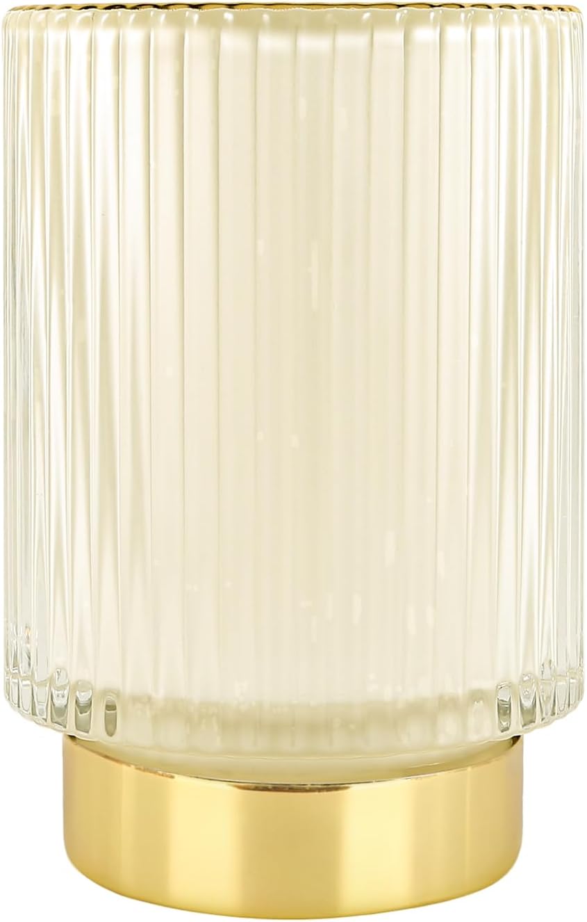 DASITON Makeup Brush holder Organizer,Crystal Cosmetic Makeup Brush Glass Brushes Storage Holder, Vintage Make Up Brush Cup Pen Pencil Holder striped vase(Cream L)