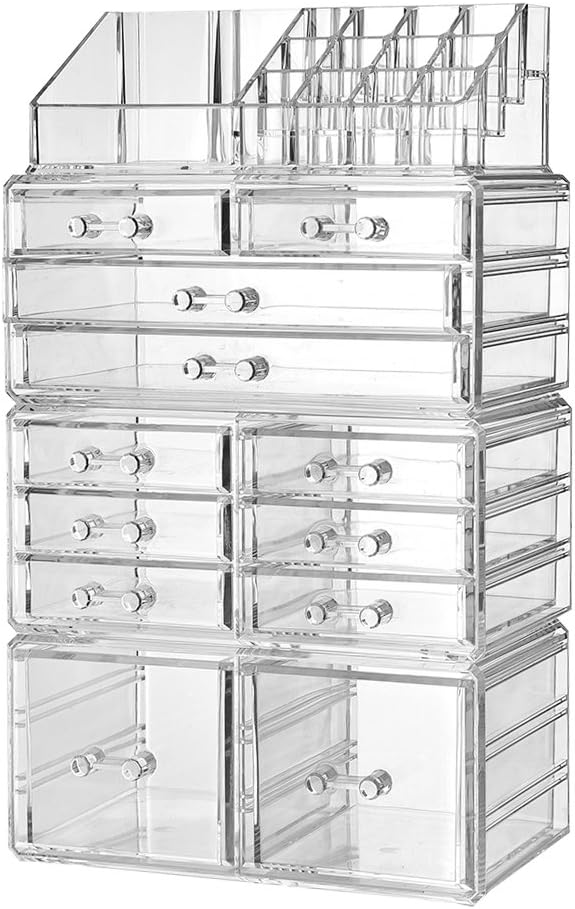 ZHIAI Makeup Organizer Dresser Cosmetic Storage - Clear Acrylic Jewelry Brush Holder Set, 8 Small Drawers, Great for Bathroom, Dresser, Vanity and Countertop