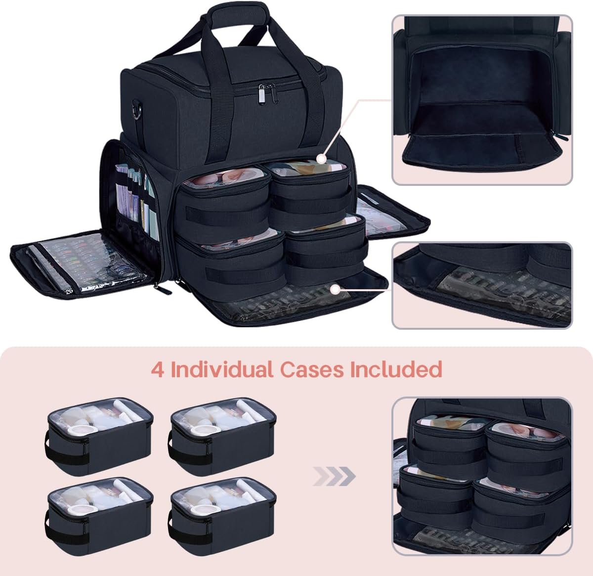 Large Cosmetic Bag with 4 Removable Case and 2 Removable Dividers Double Layer Travel Storage Organizer, Makeup Brushes Storage Section Black