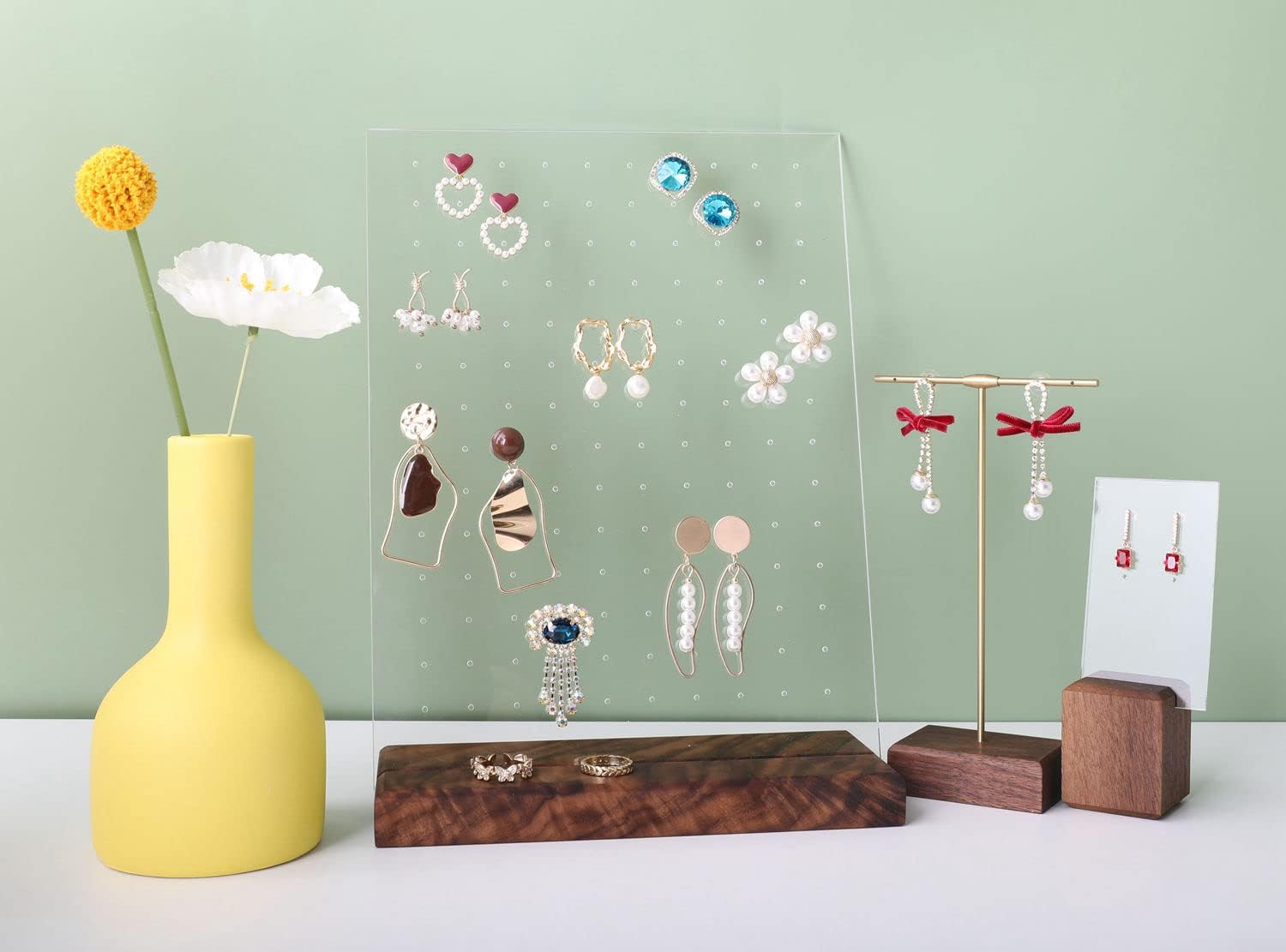 GemeShou walnut earring display for selling jewelry, wooden earring holder for studs display, small jewelry studs display board for show【Wood stand with acrylic board-Walnut】