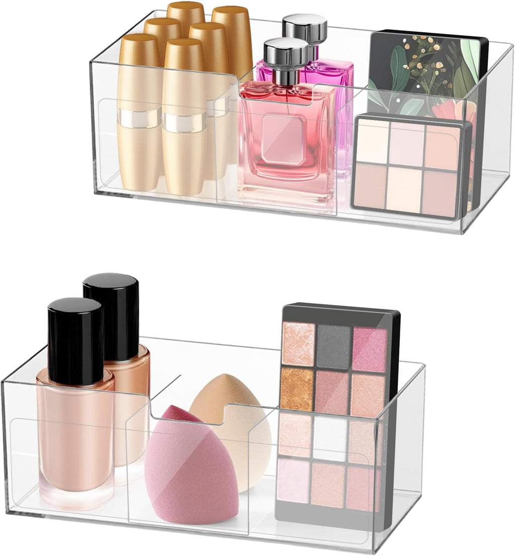 Poeland 2 Pack Makeup Organizer, Stackable Storage Organizer with U-shaped Removable Divider, Clear Storage Box for Medicine Cabinet, Closet, Bathroom, Counter